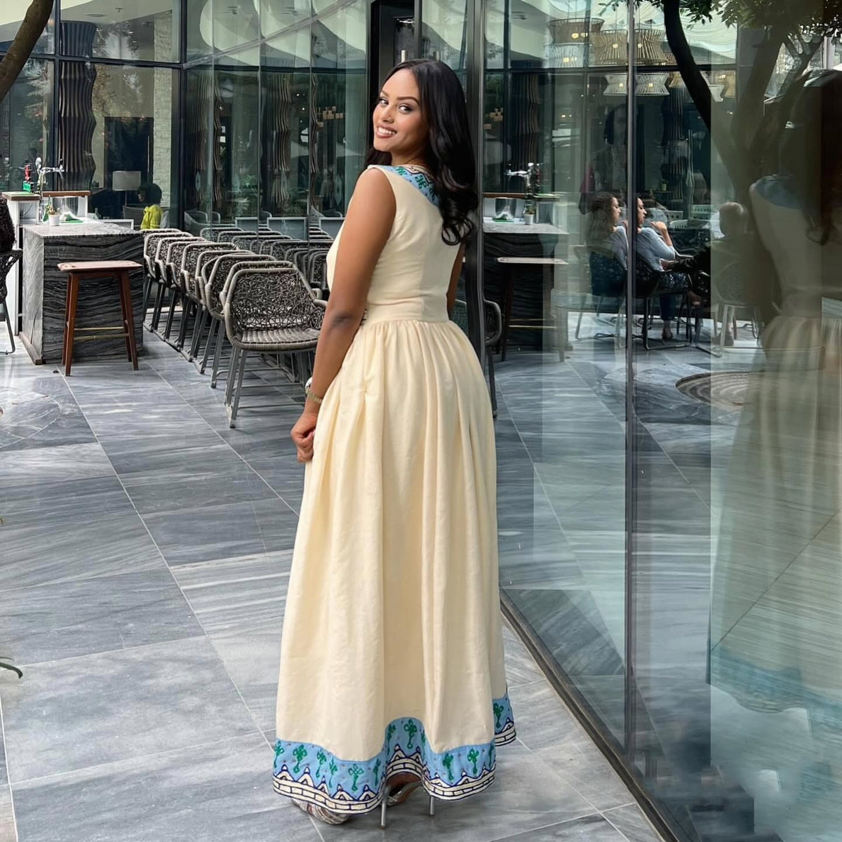 Women's blue Handwoven Cotton Habesha Dress for Wedding | Traditional Ethiopian Dress with Tibeb Border