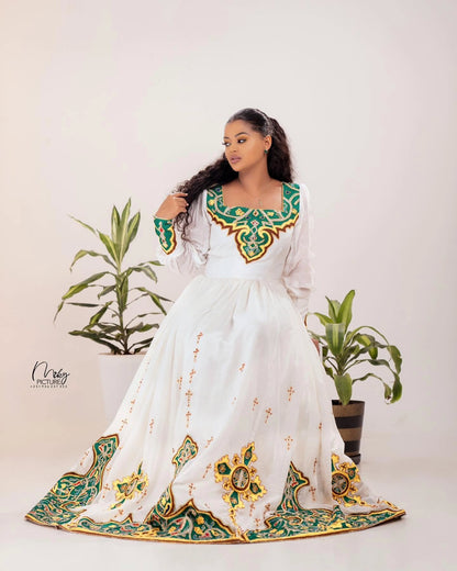 Women's blue Handwoven Cotton Habesha bridal Dress for Wedding | Custom Ethiopian tilf Zuria