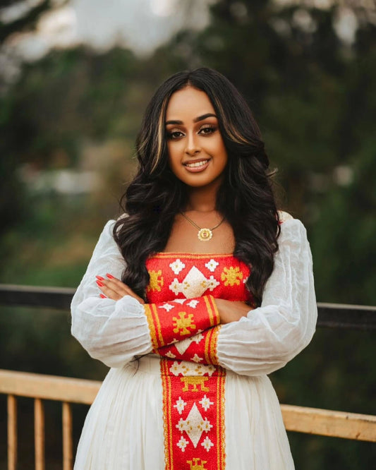 Women's Red Handwoven Cotton Habesha Zuria for Cultural Events | Traditional Ethiopian Dress with Tibeb Border