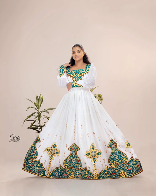 Women's blue Handwoven Cotton Habesha bridal Dress for Wedding | Custom Ethiopian tilf Zuria