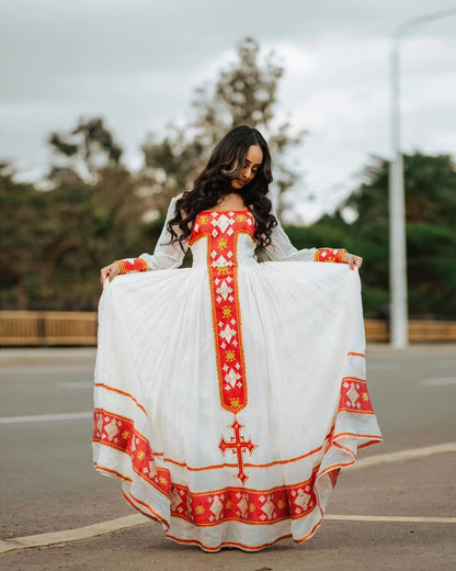 Women's Red Handwoven Cotton Habesha Zuria for Cultural Events | Traditional Ethiopian Dress with Tibeb Border