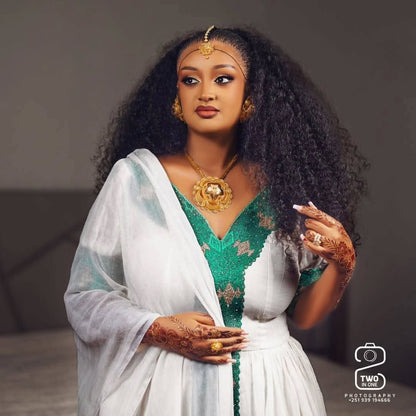 Green Ethiopian Traditional Clothing for Meskel – Embroidered Habesha Dress with Flowing Silhouette