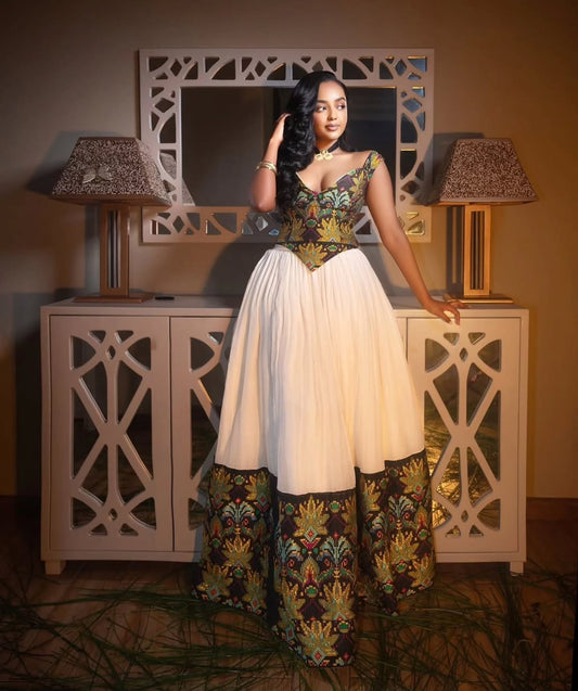 Women's Green Habesha Kemis for Engagements | Traditional Ethiopian Dress with Tilf Border