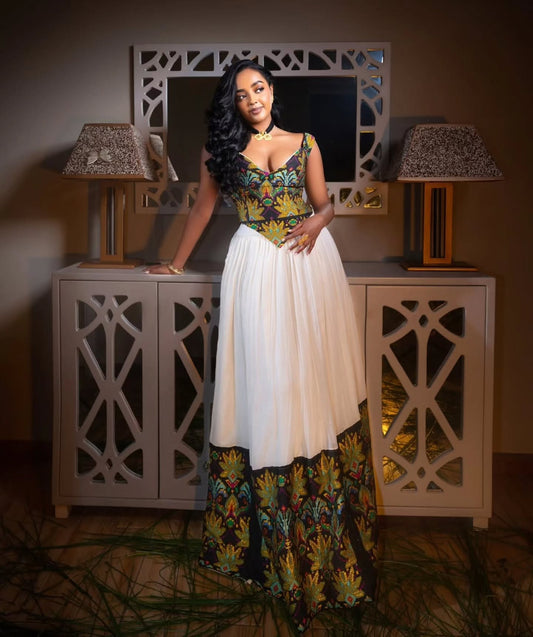 Women's Green Habesha Kemis for Engagements | Traditional Ethiopian Dress with Tilf Border