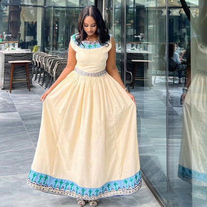 Women's blue Handwoven Cotton Habesha Dress for Wedding | Traditional Ethiopian Dress with Tibeb Border