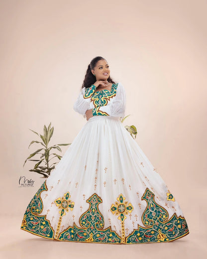 Women's blue Handwoven Cotton Habesha bridal Dress for Wedding | Custom Ethiopian tilf Zuria
