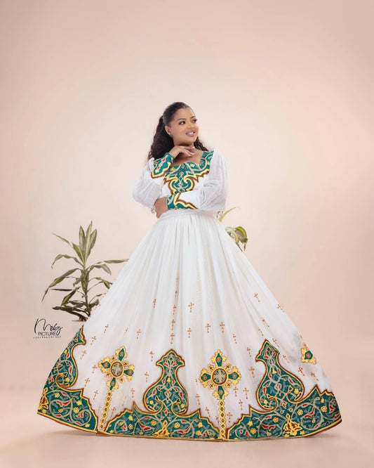 Women's blue Handwoven Cotton Habesha bridal Dress for Wedding | Custom Ethiopian tilf Zuria