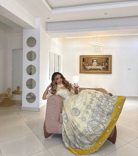 Yellow Ethiopia Clothes for Enkutatash – Embroidered Habesha Dress with a Flowing Traditional Silhouette