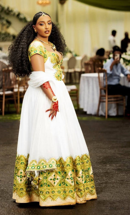 Green Ethiopian Dress Traditional | Cotton Handmade Wedding Outfit