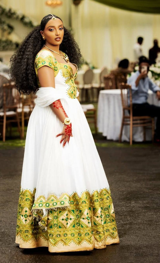 Green Ethiopian Dress Traditional | Cotton Handmade Wedding Outfit