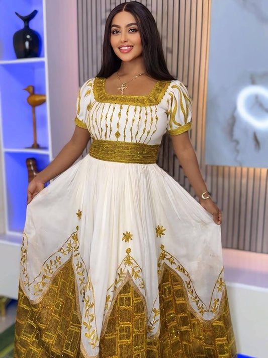 Gold-Trimmed Habesha Dress – Handmade Ethiopian Kemis for Women