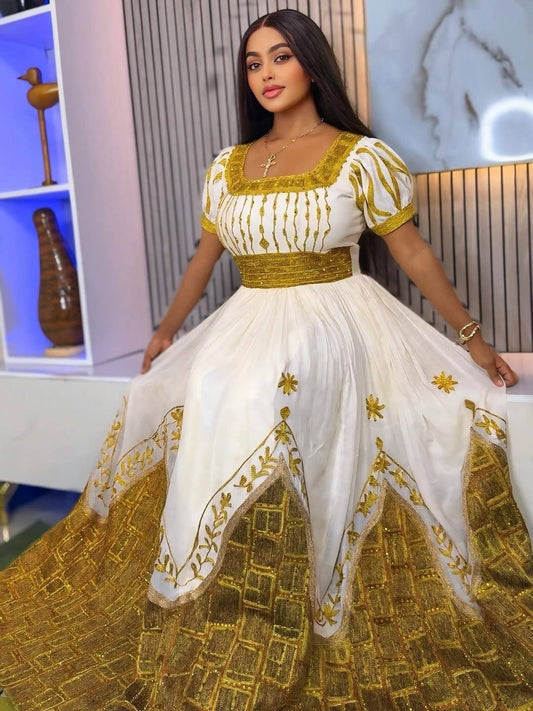 Gold-Trimmed Habesha Dress – Handmade Ethiopian Kemis for Women