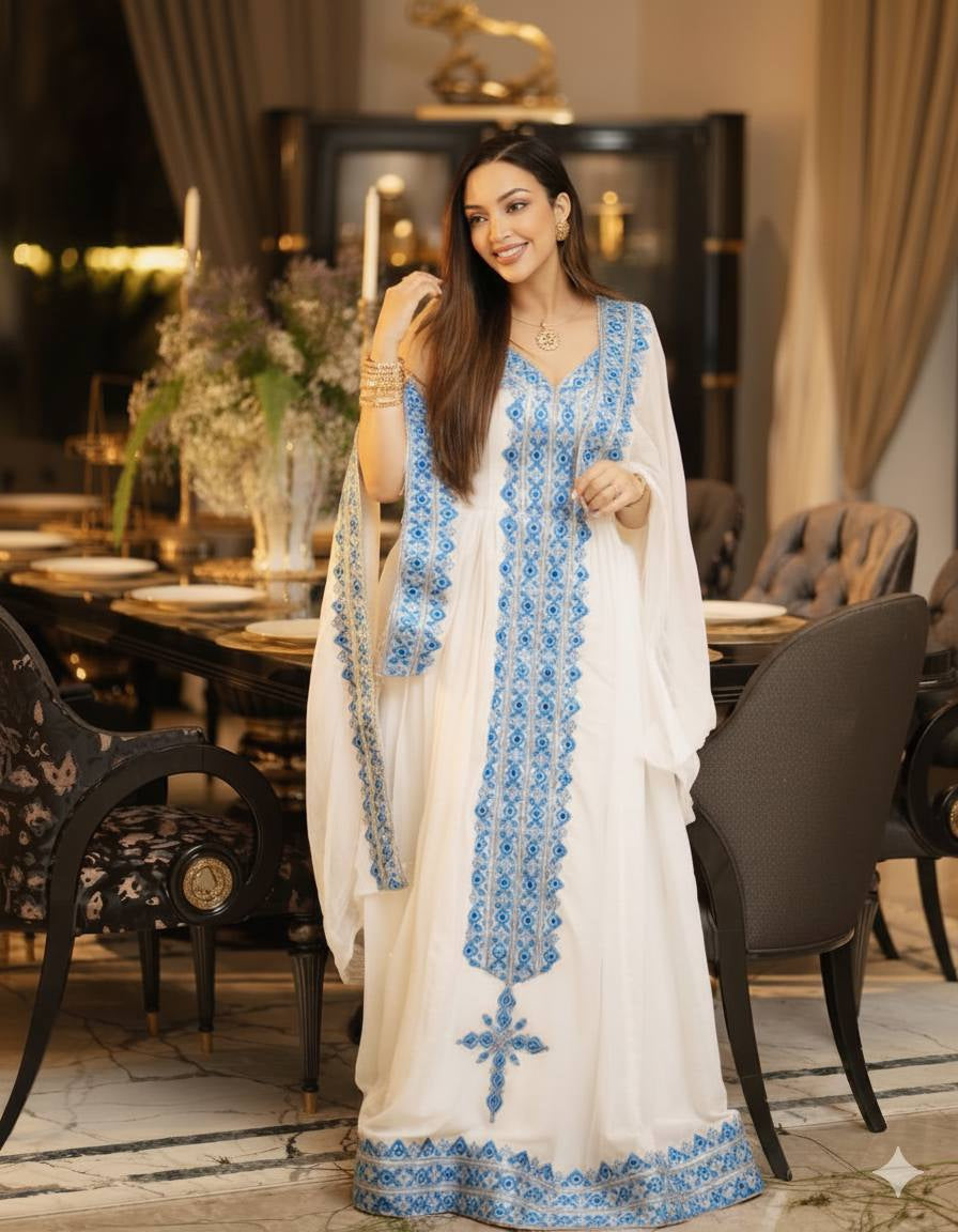 ሰማያዊና ነጭ የሃበሻ ቀሚስ – ባህላዊ በእጅ የተሠራ ቀሚስ