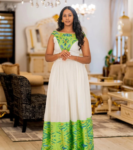 Green Ethiopian Dress | Handmade Cotton Habesha Kemis for Special Events