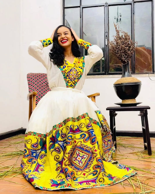 ቢጫ የሐበሻ ቀሚስ  | ዘመናዊ የሐበሻ ልብስ