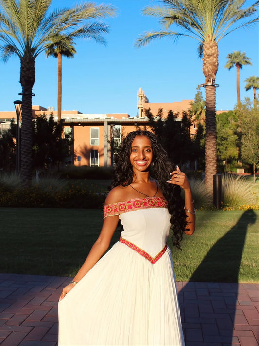 Ethiopian Store | Cream Habesha Dress with Red & Gold Embroidery