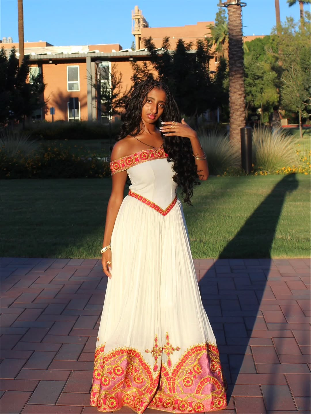 Ethiopian Store | Cream Habesha Dress with Red & Gold Embroidery