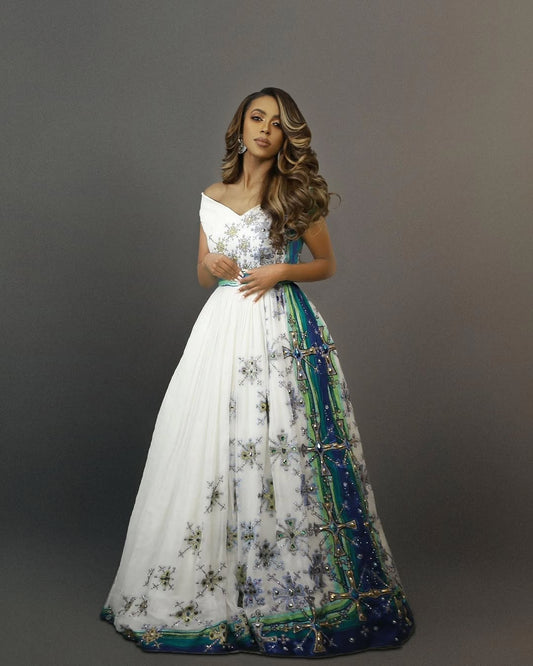 Blue Ethiopian Clothing – Bridal Kemis with Handwoven Borders