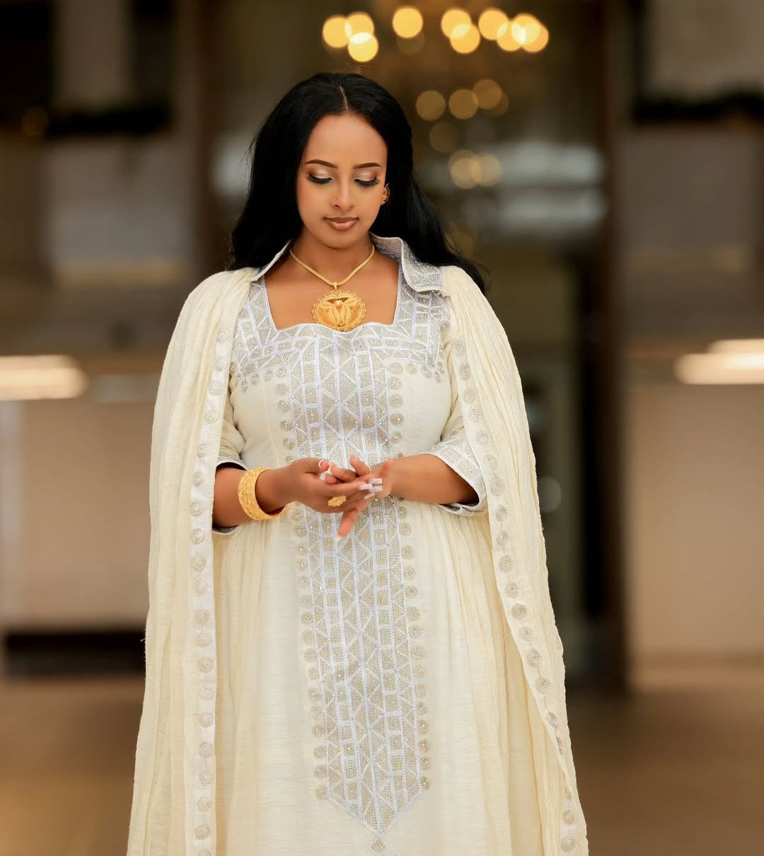 Siliver-thread Habesha Dress – Modern Ethiopian Fit with Silver Tibeb