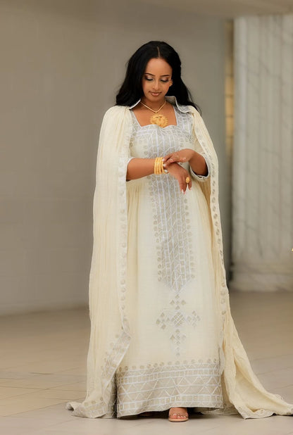 Siliver-thread Habesha Dress – Modern Ethiopian Fit with Silver Tibeb