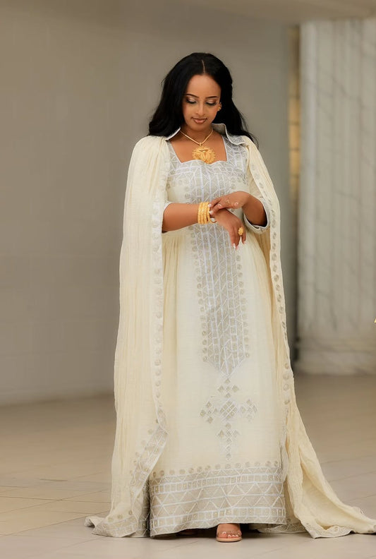 Siliver-thread Habesha Dress – Modern Ethiopian Fit with Silver Tibeb