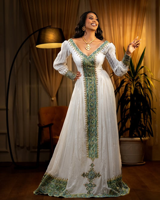 Royal green Habesha Dress – Elegant A-Line Ethiopian Dress with Gold Tibeb for Weddings