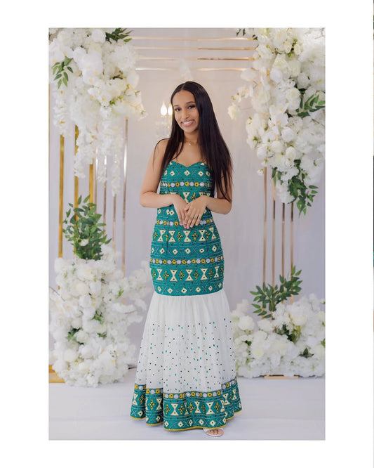 Soft Mint Green Habesha Dress – Gentle Color with Silver & White Tibeb
