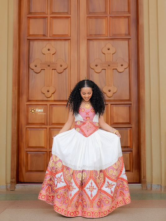 Elegant Red Ethiopian Cultural Dress – Handmade Habesha Kemis with Menen Fabric Detailing