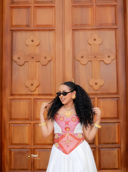 Elegant Red Ethiopian Cultural Dress – Handmade Habesha Kemis with Menen Fabric Detailing