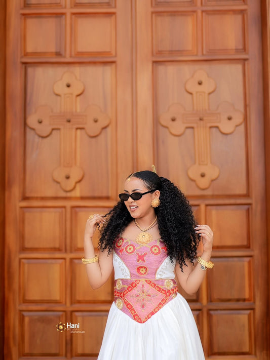 Elegant Red Ethiopian Cultural Dress – Handmade Habesha Kemis with Menen Fabric Detailing