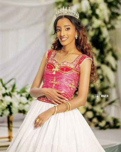Red Ethiopian Wedding Dress: Elegant Habesha Kemis with Traditional Tibeb