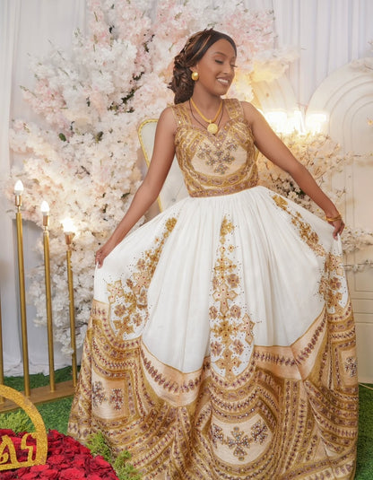 Gold Ethiopian Traditional Wedding Dress – Elegant & Luxurious Full Tibeb for Brides, Engagements & Special Occasions
