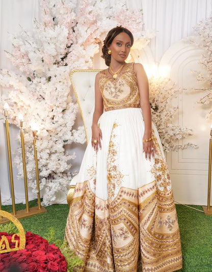 Gold Ethiopian Traditional Wedding Dress – Elegant & Luxurious Full Tibeb for Brides, Engagements & Special Occasions