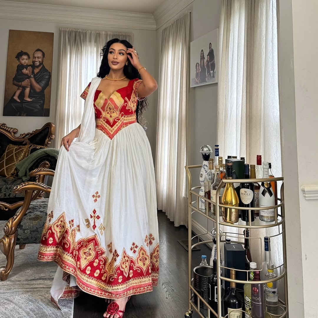 Red Ethiopian Kemis – Elegant Traditional Dress for Weddings, Cultural Ceremonies & Formal Events