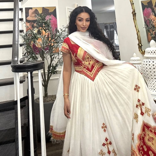 Red Ethiopian Kemis – Elegant Traditional Dress for Weddings, Cultural Ceremonies & Formal Events