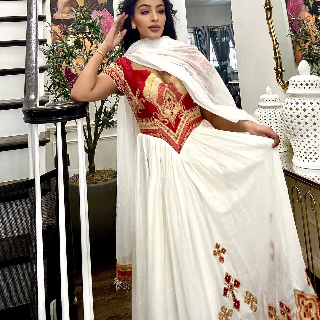 Red Ethiopian Kemis – Elegant Traditional Dress for Weddings, Cultural Ceremonies & Formal Events
