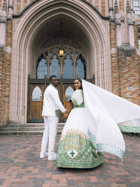 Green Habesha Couple Wedding Matching Set with Kaba – Elegant Ethiopian Traditional Outfits for Couples Celebrating Love, Unity, and Grace