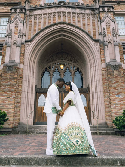 Green Habesha Couple Wedding Matching Set with Kaba – Elegant Ethiopian Traditional Outfits for Couples Celebrating Love, Unity, and Grace