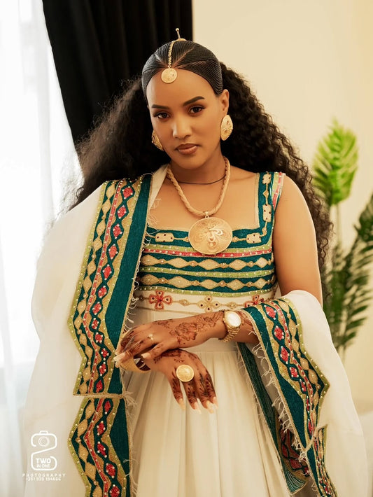 Green Habesha Zuria – Exquisite Hand-Woven Ethiopian Wedding Dress for Brides & Mels