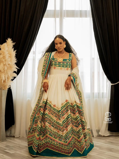 Green Habesha Zuria – Exquisite Hand-Woven Ethiopian Wedding Dress for Brides & Mels