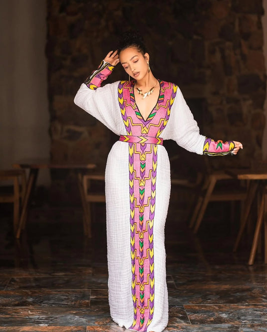 pink ethiopian dress open lace back dress Simple Pink Habesha Dress