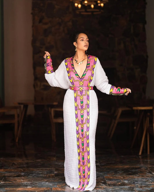 Pink Habesha Kemis – Contemporary Ethiopian Menen Dress with Colorful Handcrafted Tilf Embroidery for Weddings, Holidays, and Cultural Events