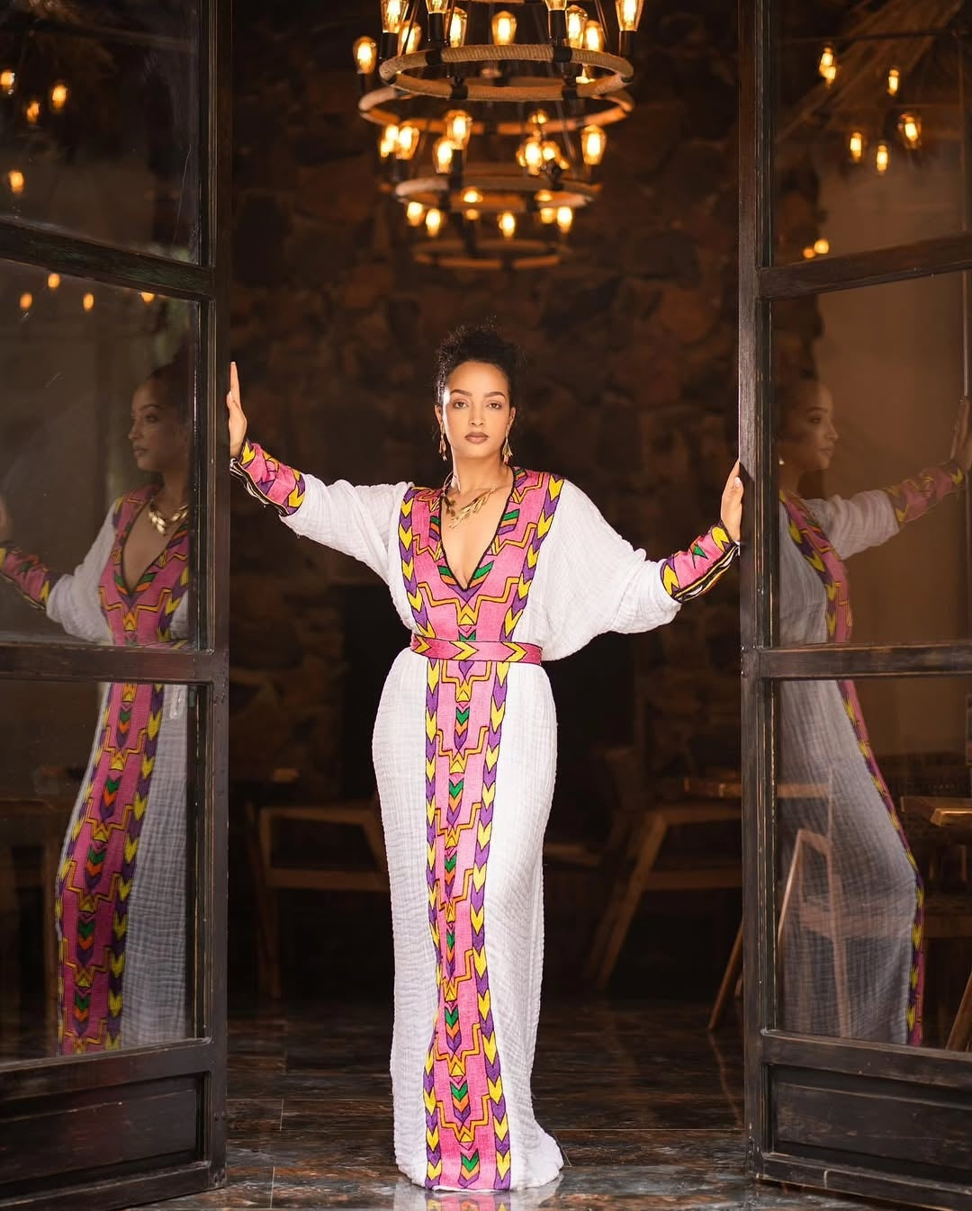 Pink Habesha Kemis – Contemporary Ethiopian Menen Dress with Colorful Handcrafted Tilf Embroidery for Weddings, Holidays, and Cultural Events