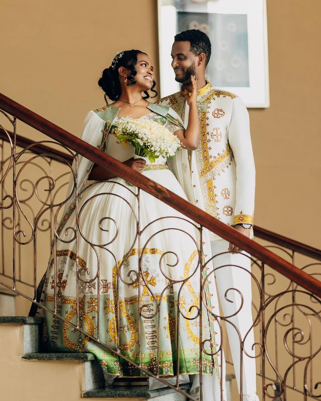 Green & Gold Habesha Wedding Set – Luxurious Hand-Embroidered Bridal dress with Coordinated Groom Attire for Ethiopian wedding Ceremonies and Grand Cermonies