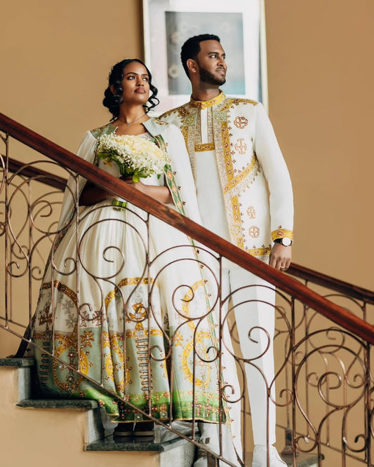 Green & Gold Habesha Wedding Set – Luxurious Hand-Embroidered Bridal dress with Coordinated Groom Attire for Ethiopian wedding Ceremonies and Grand Cermonies
