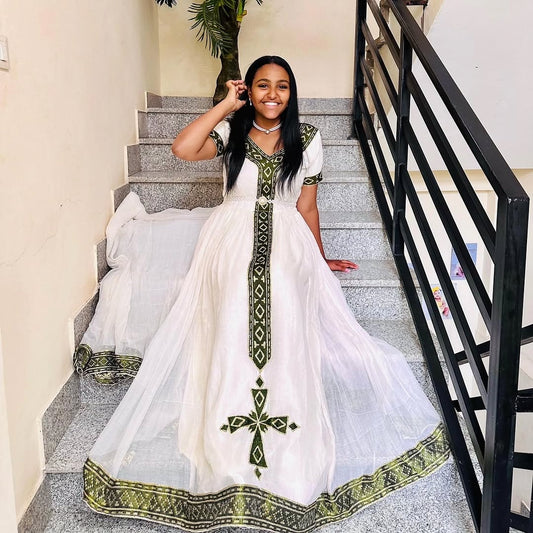 Green Habesha Zuria – Traditional Ethiopian Dress with Handwoven Menan Cotton, Classic Tilf Embroidery, and Matching Netela for Holidays and Cultural Ceremonies