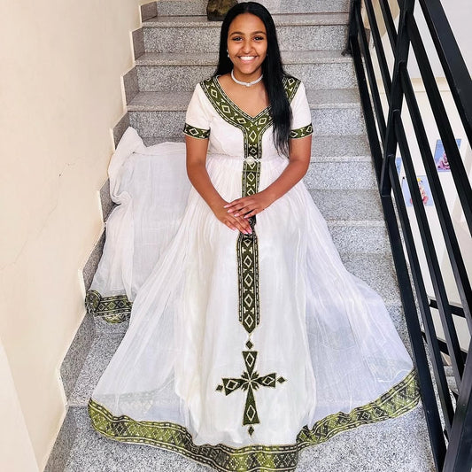 Green Habesha Zuria – Traditional Ethiopian Dress with Handwoven Menan Cotton, Classic Tilf Embroidery, and Matching Netela for Holidays and Cultural Ceremonies