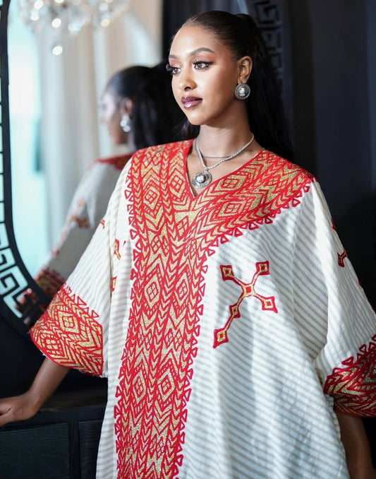 Red Gondar Fetel Kemis – Elegant Ethiopian Traditional Dress with Flowing Sleeves and Hand-Embroidered Cultural Detailing for Festive and Casual Occasions