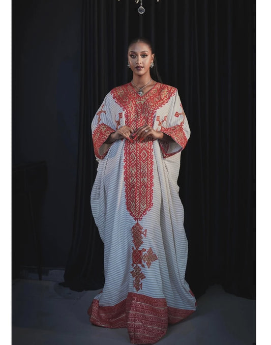 Red Gondar Fetel Kemis – Elegant Ethiopian Traditional Dress with Flowing Sleeves and Hand-Embroidered Cultural Detailing for Festive and Casual Occasions