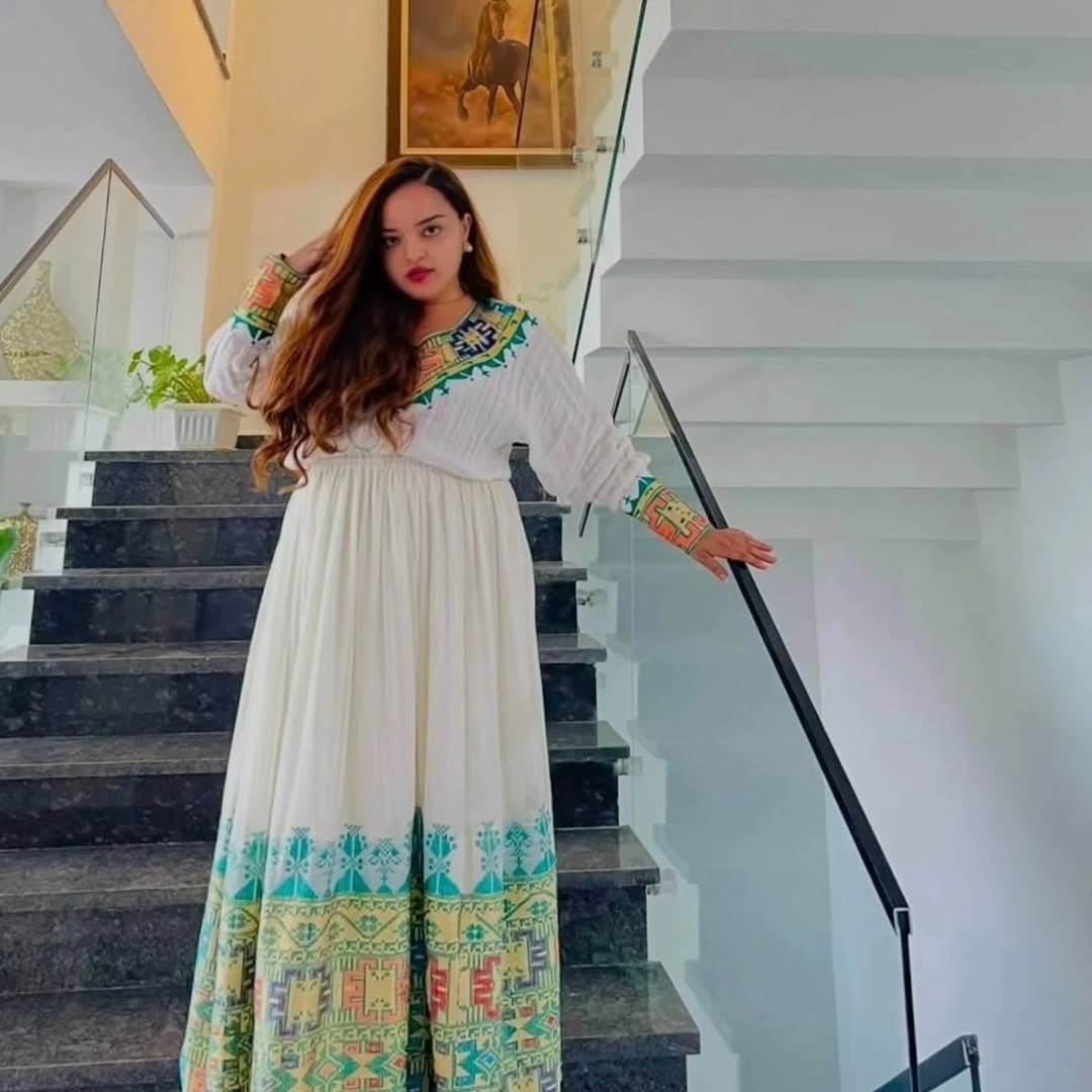 Green Ethiopian Traditional Dress – Graceful Habesha Outfit with Subtle Woven Detailing for Formal Events and Special Occasions